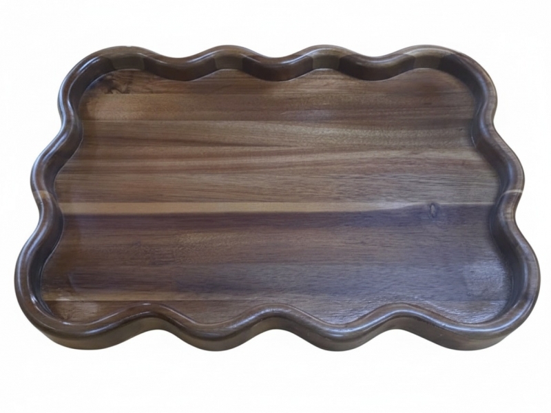 Artisanal Acacia Wood Scallop Serving Tray with Wavy Rim